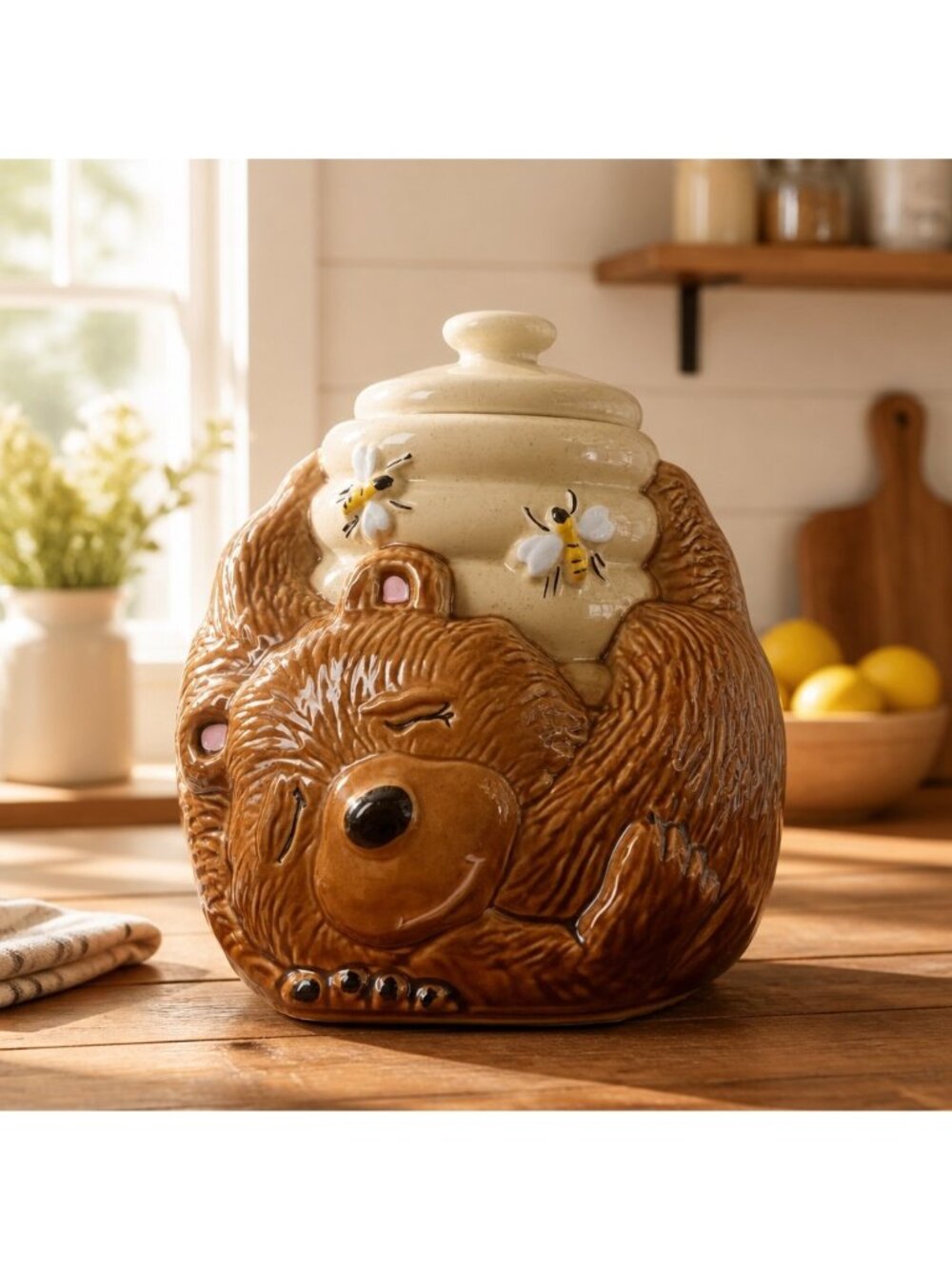 McCoy Pottery Bear-Themed Ceramic Cookie Jar With Honeycomb & Bees Design